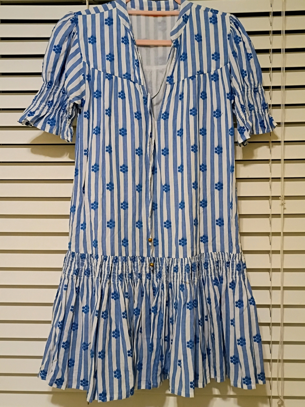 Oliphant Blue & White Striped Floral Tiered Mini Dress